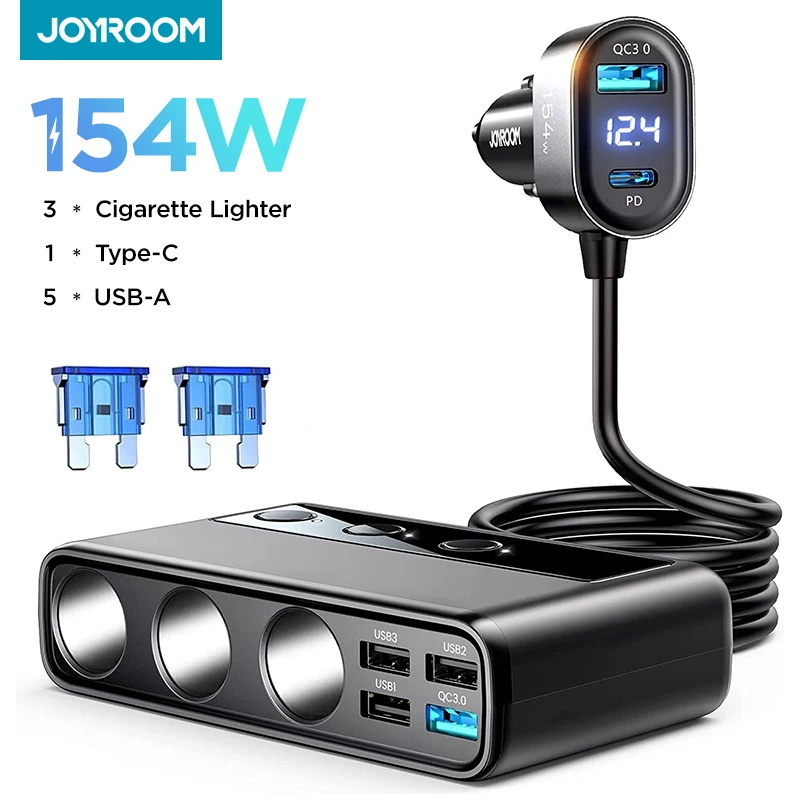 Joyroom 154W 9-in-1 Car Charger Adapter with PD, 3 Sockets, Independent Switches