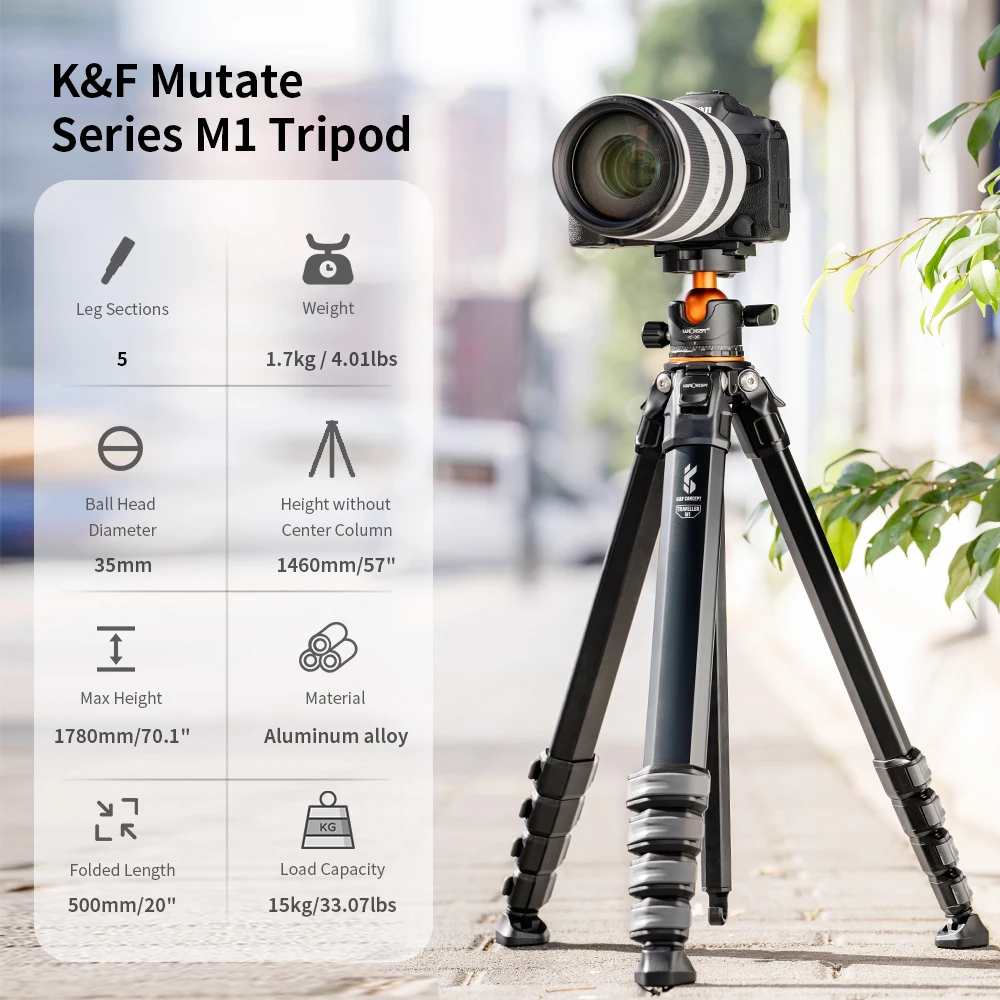 K&F Concept Compact Travel Tripod Aluminium Camera Tripod 15kg 33lbs Load 70" 177cm Max Height for Travel DSLR Camera
