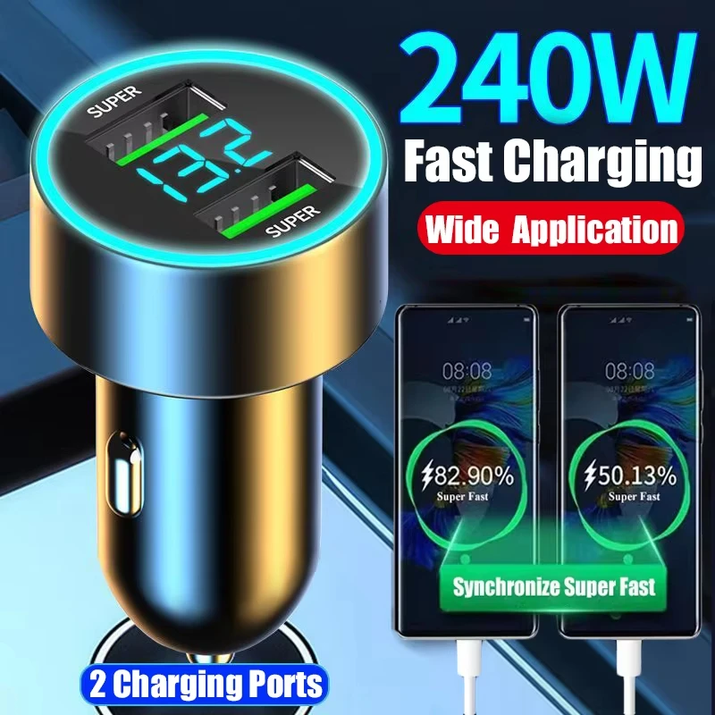 240W Professional Car Charger with Digital Display - Fast Charging Dual USB Ports
