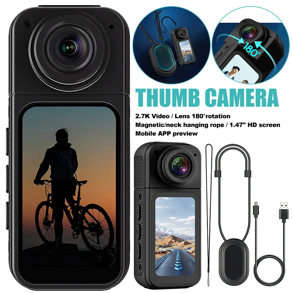 2.7K HD Portable Action Camera with 1.47" Screen & 180° Lens