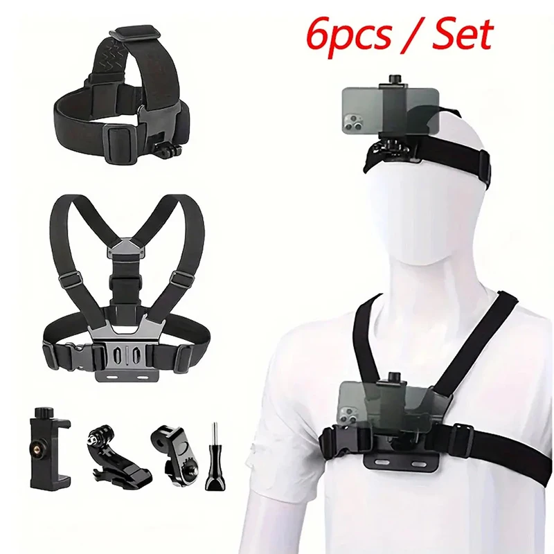 Professional 6pcs Action Camera Kit - Head Strap and Chest Straps Mount Set for GoPro, Phone, Osmo - Enhanced Stability and Versatility