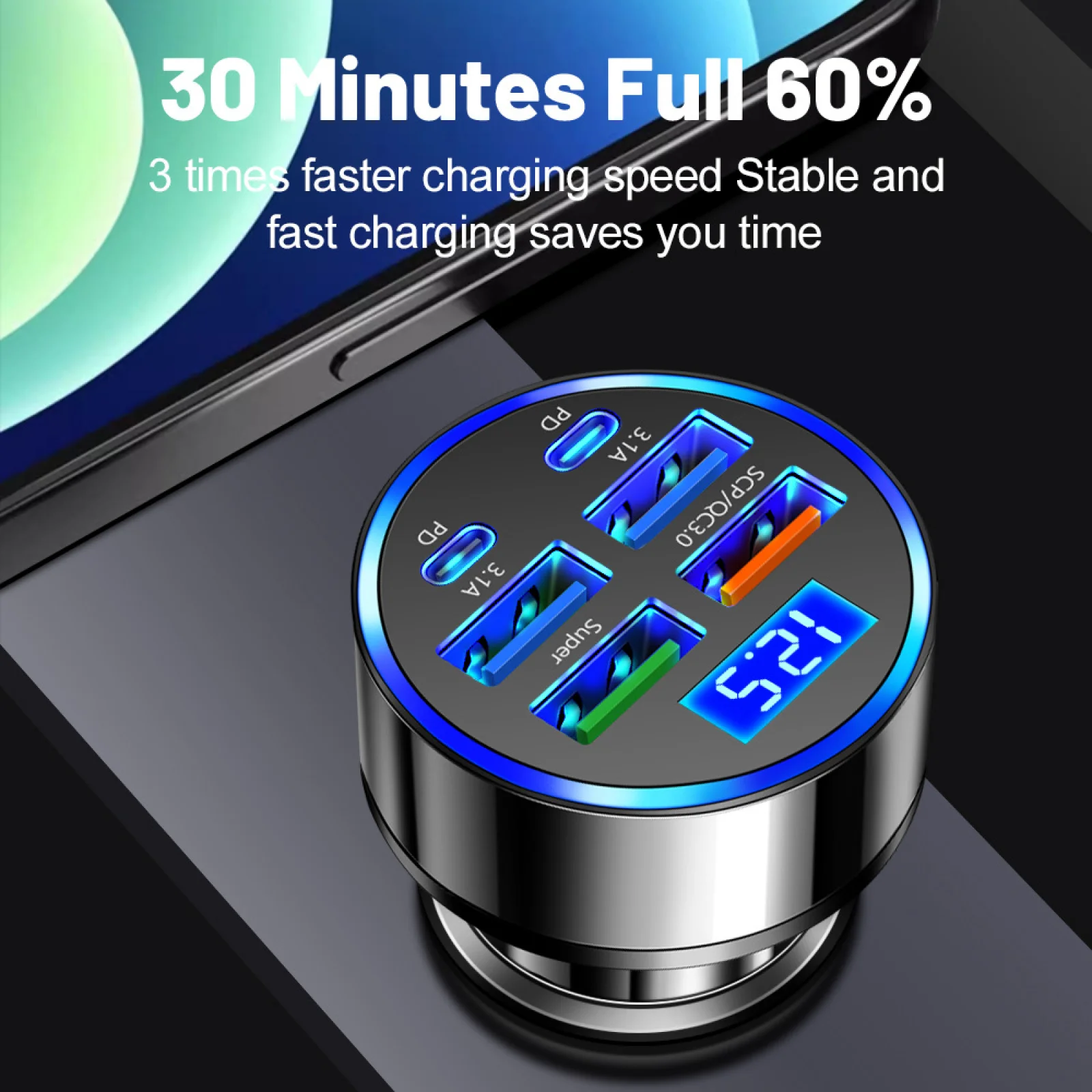 BOSEAN 100W 6-Port Car Fast Charger Adapter with PD & QC3.0 for iPhone Samsung Huawei Xiaomi Vivo OPPO