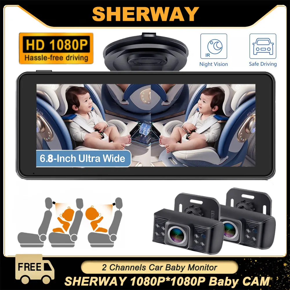 Sherway Car Baby Mirror Dual Channel Back Seat Baby Car Camera 1080P with Rear View Car Monitor 6.8'' IPS Screen Night Vision