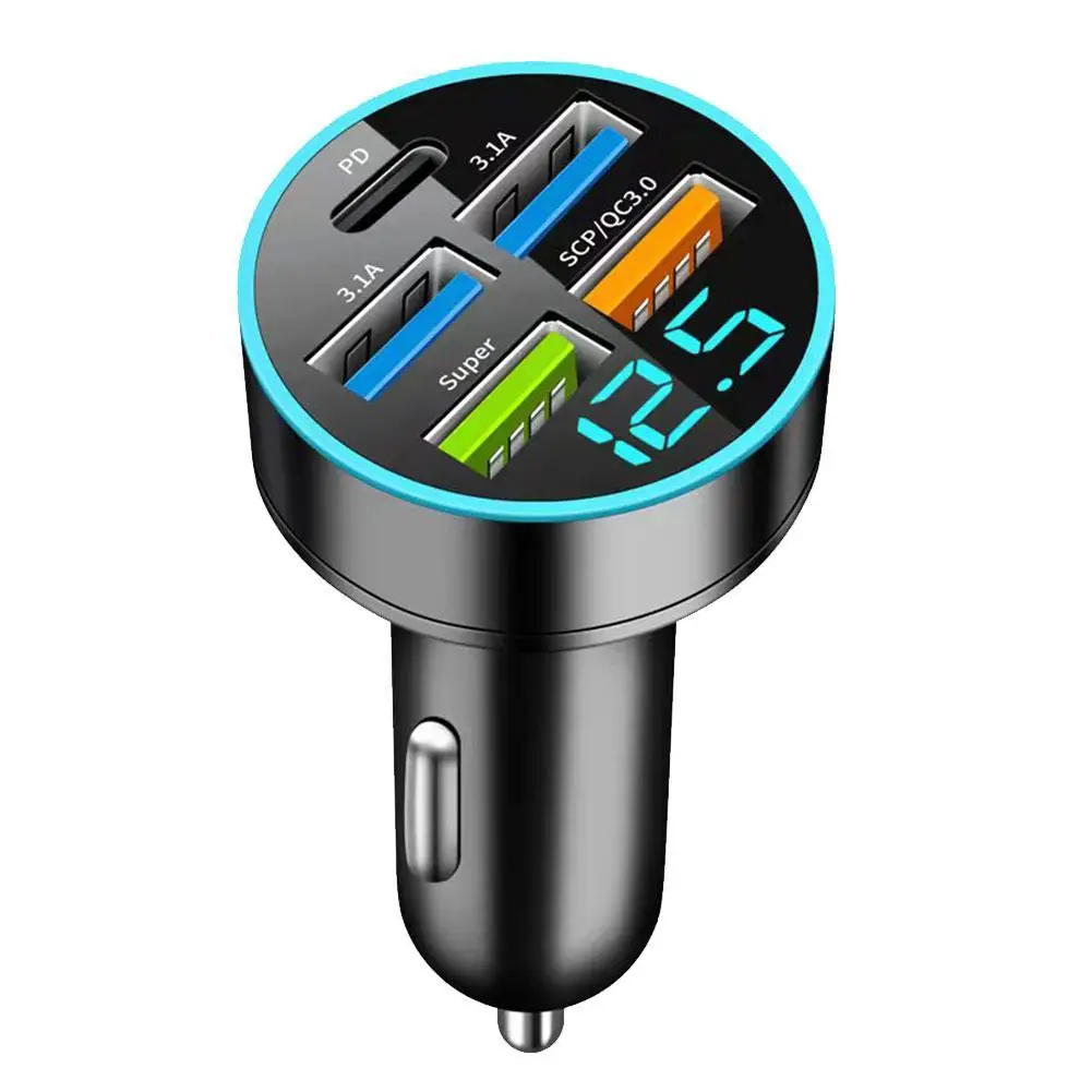 5-Port LED Digital Display Car Charger 250W with USB PD Type C Fast Charging for iPhone 15