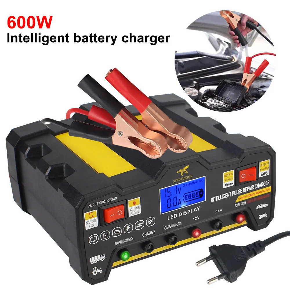 Intelligent 220W LCD Display Car Battery Charger with Repair Function - EU Plug