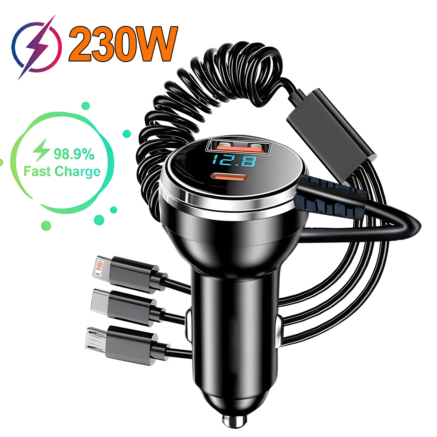 Premium 230W Car Charger with 5 Ports Fast Charge for iPhone, Samsung, Huawei, Xiaomi