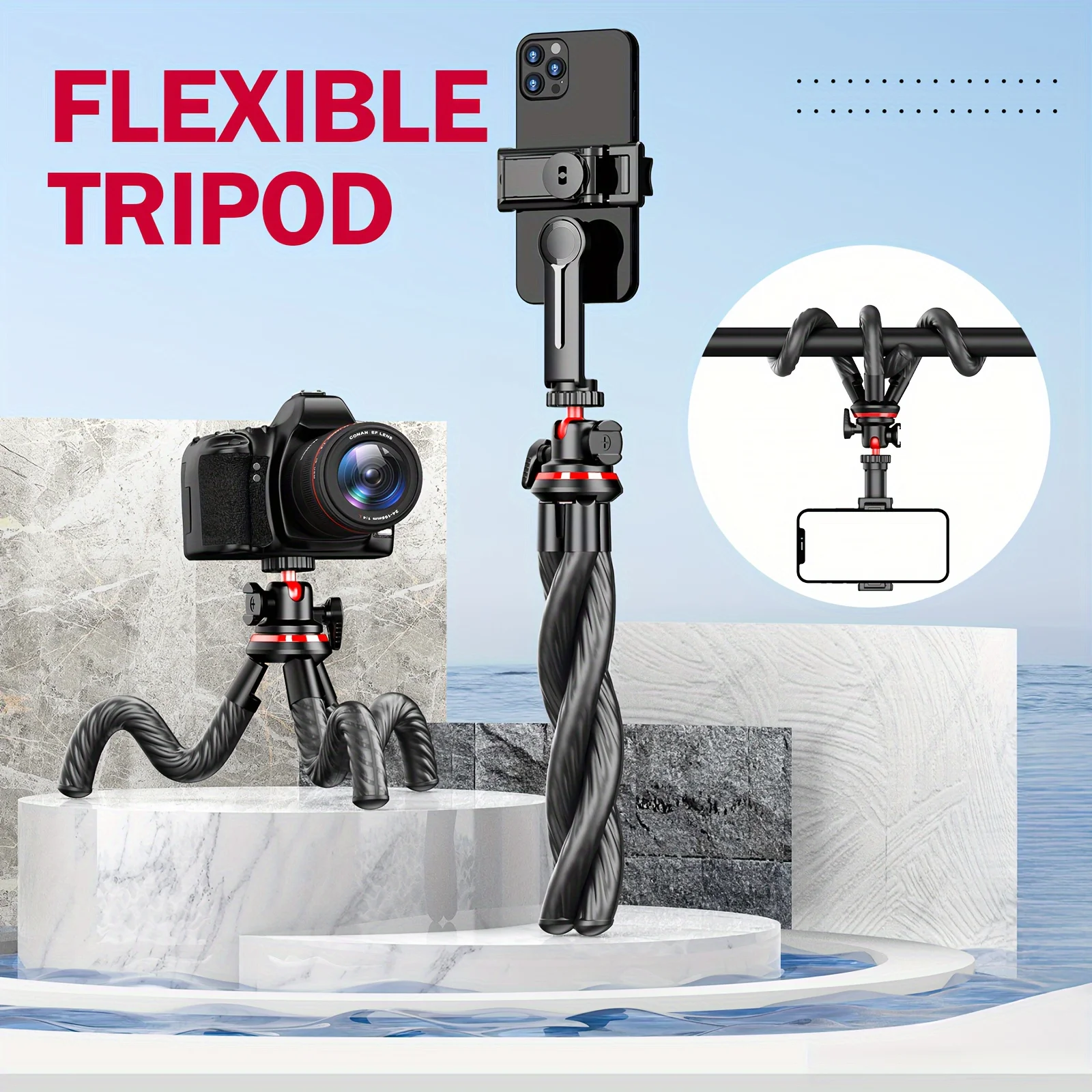 Flexible Octopus Tripod with Phone Clip Selfie Stick in Black - No Remote Control