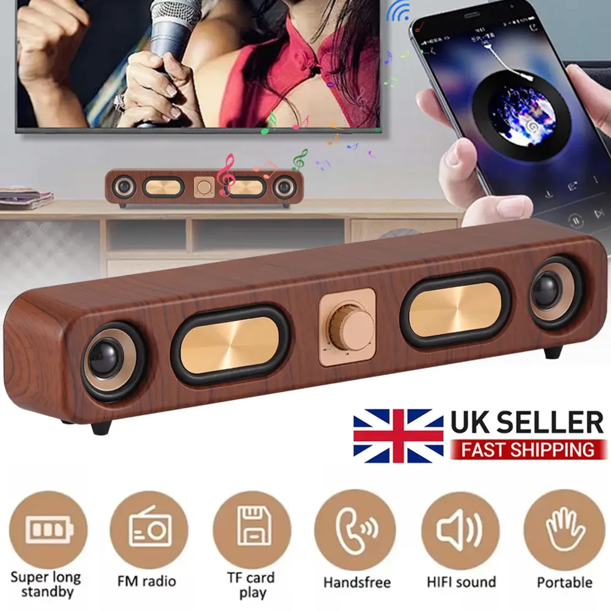 Elegant Woodgrain Bluetooth Speaker with Hi-Fi Sound, FM Radio, and Subwoofer
