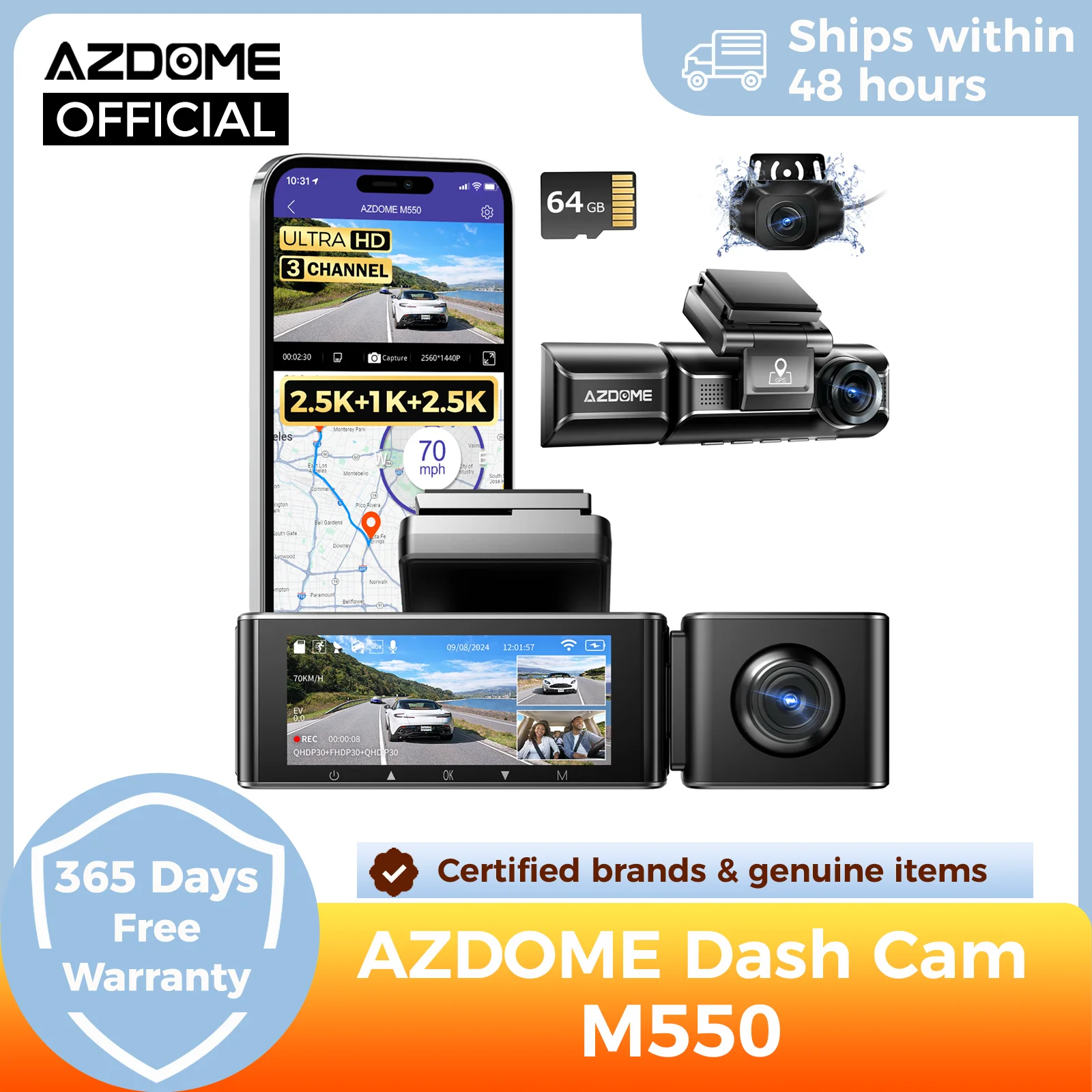 AZDOME M550 3 Channel 4K+2.5K WDR Car Dash Camera with Built-in WiFi GPS IR Night Vision + 64GB SD Card