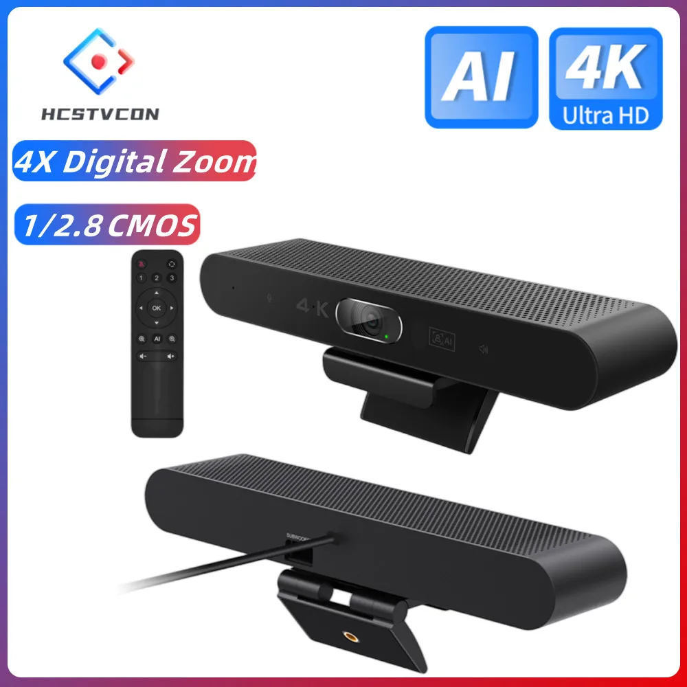 HCSTVCON 4K Webcam with AI Voice Tracking, Mics, 4X Digital Zoom, Auto Focus for PC Online Meetings