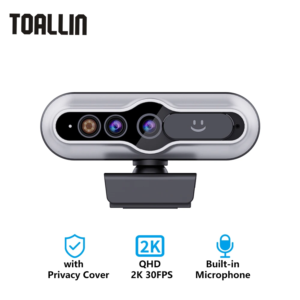 TOALLIN 2K Webcam with Windows Hello Facial Recognition & Privacy Cover