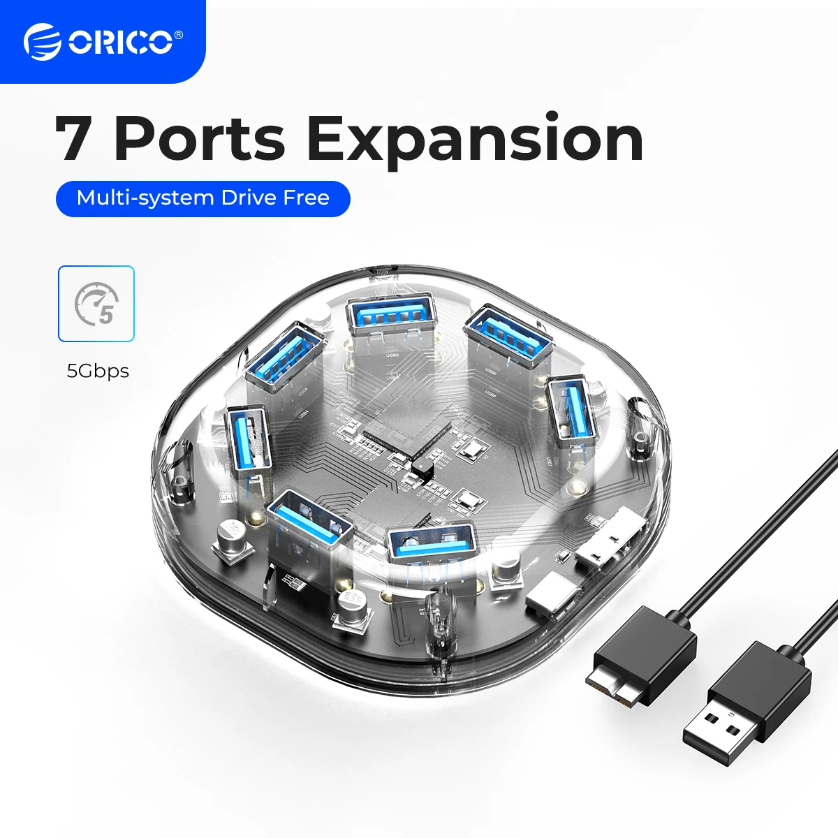 ORICO H7U Transparent USB Hub Multi 7-Port High-Speed USB 3.0 Splitter with Micro USB Power Port