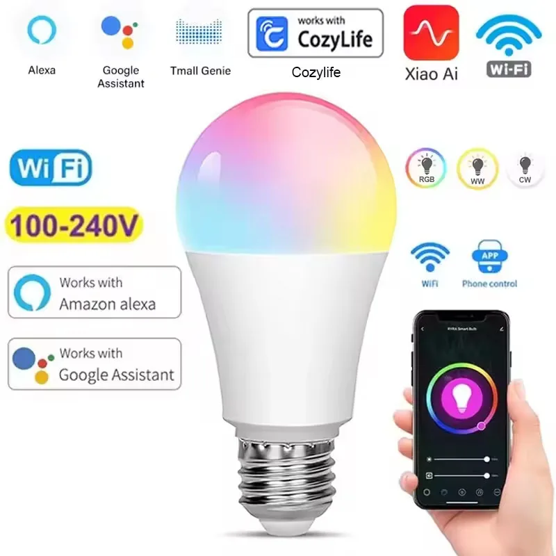 WiFi Smart Bulb E27 9W Dimmable LED Light with Voice Control - RGBCW, Compatible with Alexa & Google Home