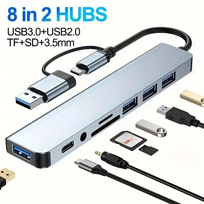 8 In 2 USB Hub with Splitter Card Reader | USB C Port | USB 3.0 / 2.0 | SD/TF | Docking Station