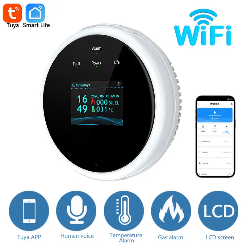 Tuya WiFi Natural Gas Leakage Detector Sensor with Smart Alarm & LED Temperature Display