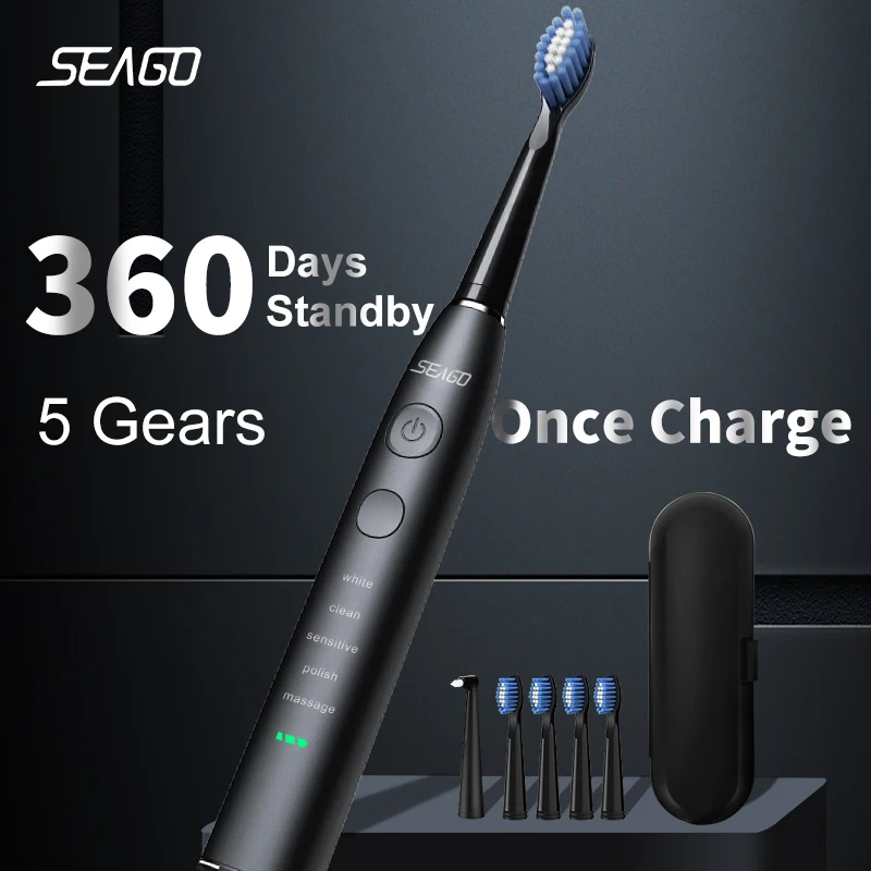Seago SG-575 Electric Sonic Toothbrush with 4 Replacement Heads