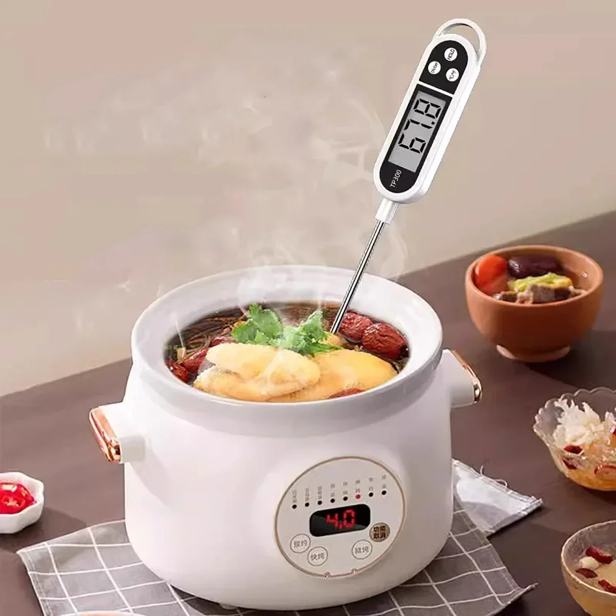 Digital Probe Thermometer for Kitchen - Stainless Steel, White