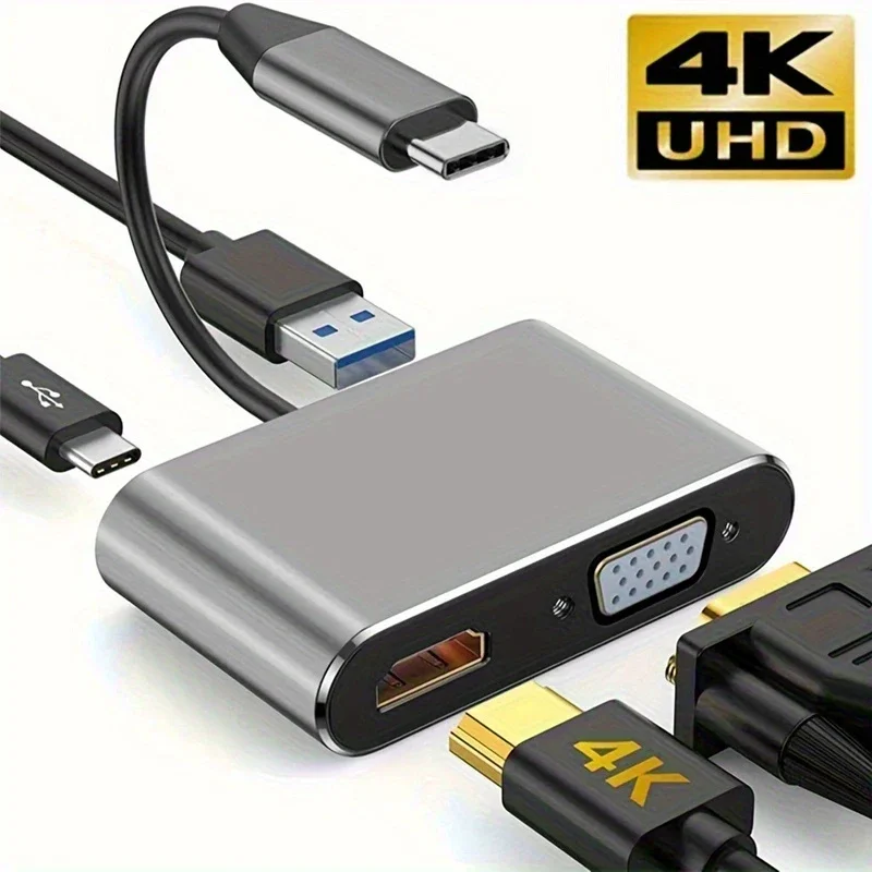 4-in-1 Type-C Multiport Adapter Hub with HDTV, VGA, USB 3.0, and PD Charging Port