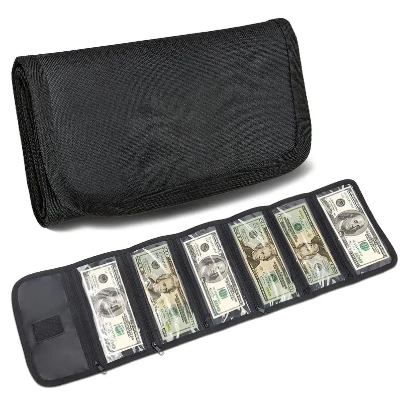 6-Pocket Cash Storage Box with Zippered Pockets - Envelope Wallet Money Bag