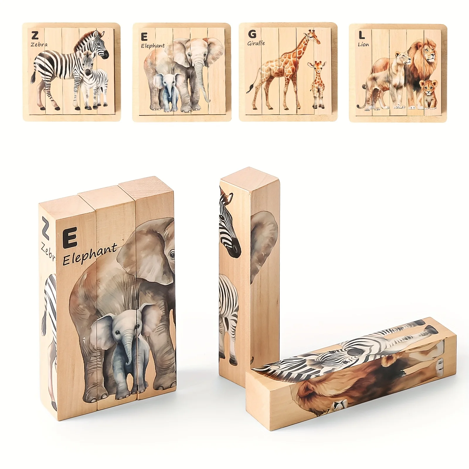 Wooden Safari Animal Puzzle Blocks Set for Toddlers - Montessori Educational Toy
