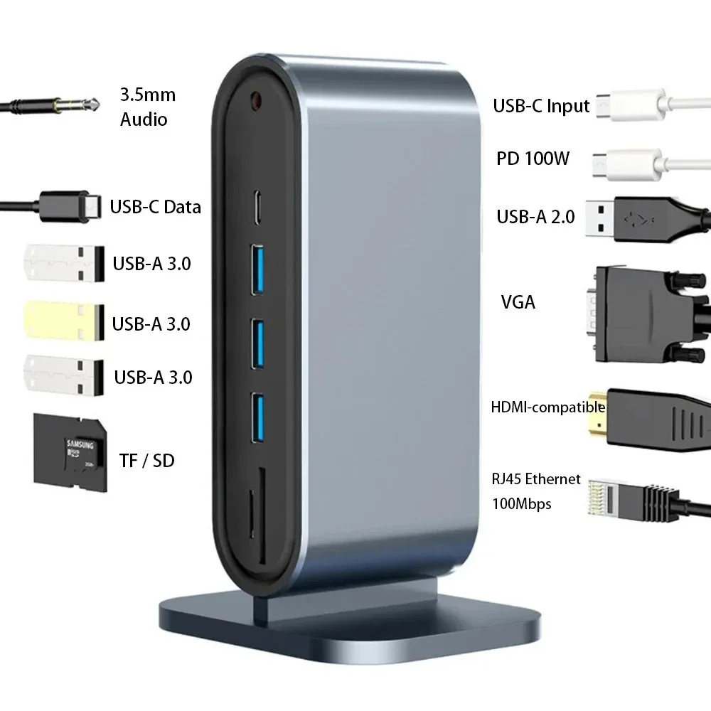 ICANING 12-in-1 Vertical Docking Station USB Hub with HDMI-compatible, RJ45, Card Reader - Aluminium Alloy Case
