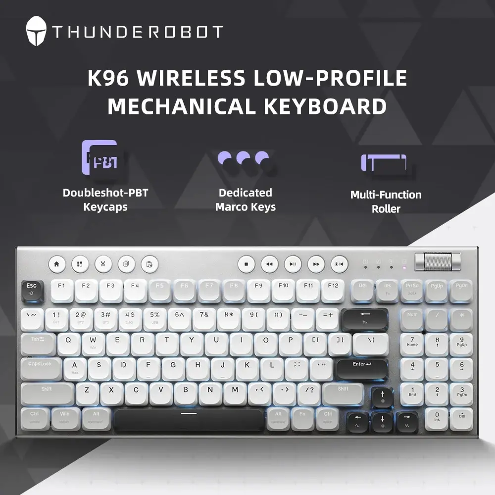 THUNDEROBOT K96 Wireless Mechanical Keyboard - Low-profile 98 Keys with Roller Macro Keys and PBT Keycaps