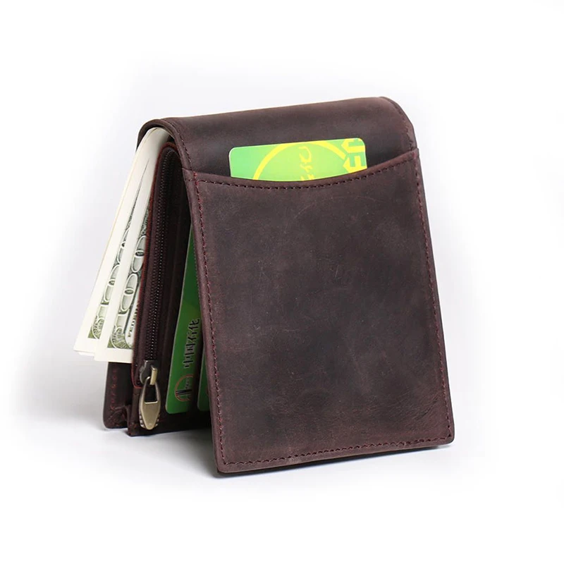 LEATHFOCUS Men's Zipper Foldable Crazy Horse Leather Wallet