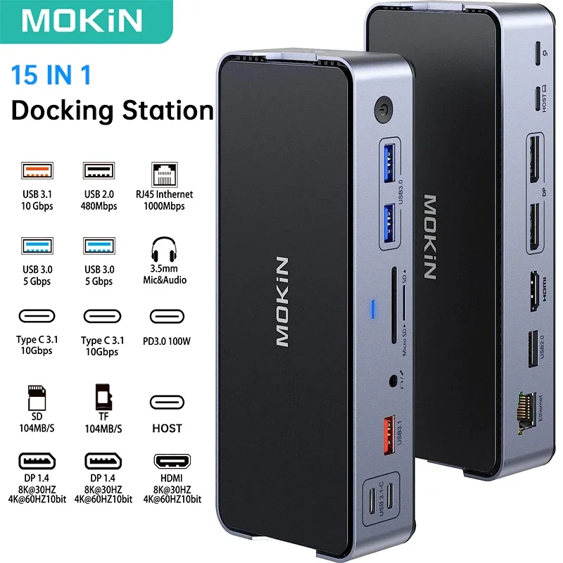 MOKiN 15-IN-1 USB C Docking Station for Laptops MacBook Lenovo PC